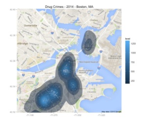 Drug Crimes in Boston with high-density areas shown using blue gradient shading. Each shade represents 1/8 of the data. Crime scenes are shown using gray dots.